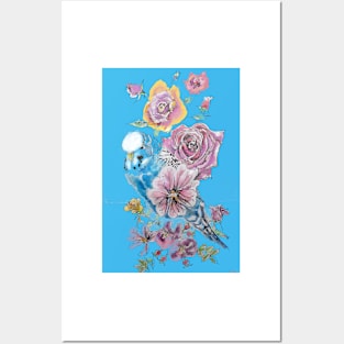 Blue Budgie and Rose Watercolor Painting on Blue Posters and Art